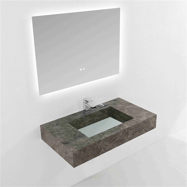 Tocador de baño de piedra sinterizada con acabado brillante en color café oscuro